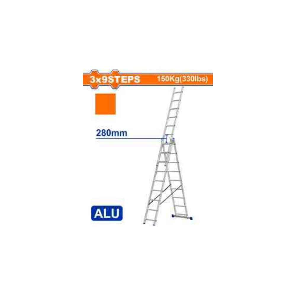 WADFOW 3 Section Aluminium Extension Ladder 3x9 Steps 150Kg